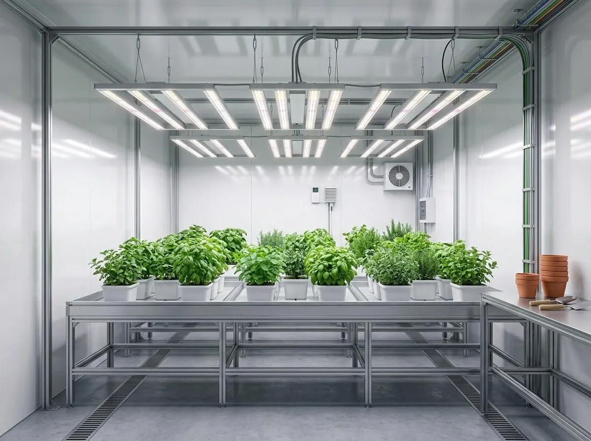 Espacio de cultivo interior con iluminación LED y plantas aromáticas en macetas